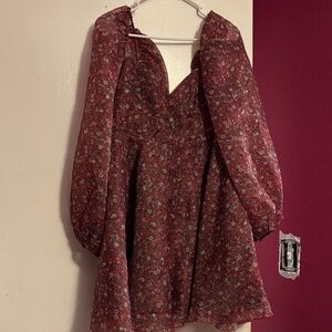 Selkie Crimson Princess Floral Puff-Sleeve Mini Dress